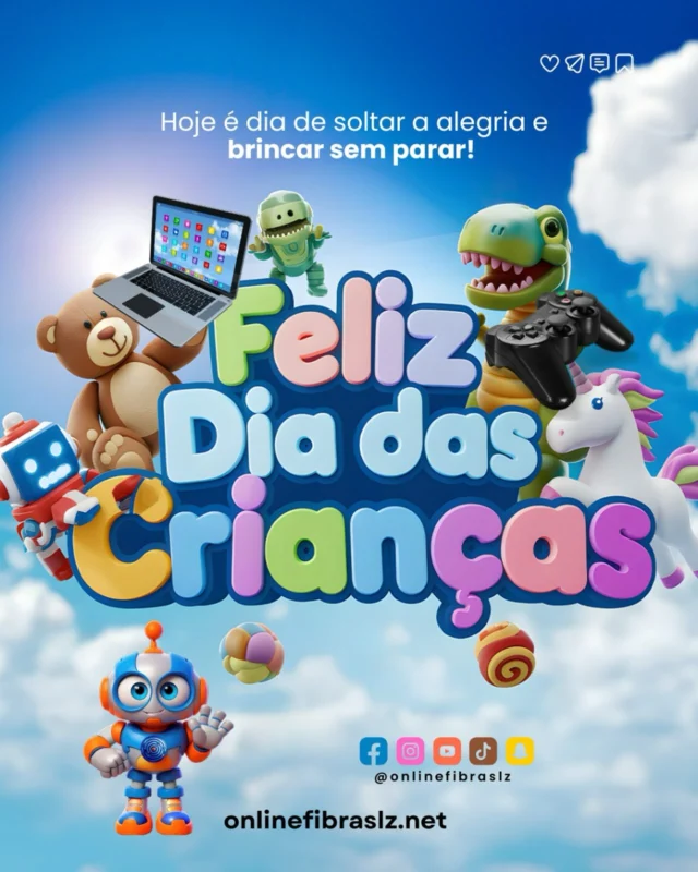 🎉✨ A OnlineFibra deseja um FELIZ DIA DAS CRIANÇAS! ✨🎉Hoje é dia de celebrar quem deixa o mundo mais leve, colorido e cheio de imaginação! 🌈💙
Que o riso seja livre, a brincadeira sem fim e a conexão entre alegria e amor esteja sempre no máximo sinal! 💻⚡A OnlineFibra acredita que o futuro se constrói com sonhos — e ninguém sonha melhor do que uma criança! 💫💛 Feliz Dia das Crianças! Que a diversão seja rápida, como a nossa internet! 🚀#DiaDasCrianças #OnlineFibra #ConectandoSorrisos #InternetDeVerdade #InfânciaFeliz