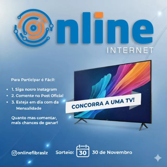 🎉 CLIENTE ONLINE FIBRA TEM SORTE! 🎉
Pra agradecer a confiança de todos vocês, preparamos um super presente: vamos sortear uma TV novinha para nossos assinantes! 📺✨Quer participar? É simples:
🔹 Ser cliente ativo Online Fibra
🔹 Curtir este post
🔹 Marcar 2 amigos nos comentários
🔹 Estar em dias com a mensalidadeE pronto! Já está concorrendo!📅 Sorteio será realizado no dia 30/11
Quanto mais comentários, mais chances de ganhar!A Online Fibra segue conectando você ao melhor da internet — e agora também à chance de levar uma TV incrível pra casa! 😍💙Boa sorte! 🍀#onlinefibra #sorteioonlinefibra #clientetemvez #internetdequalidade #sãoluísma